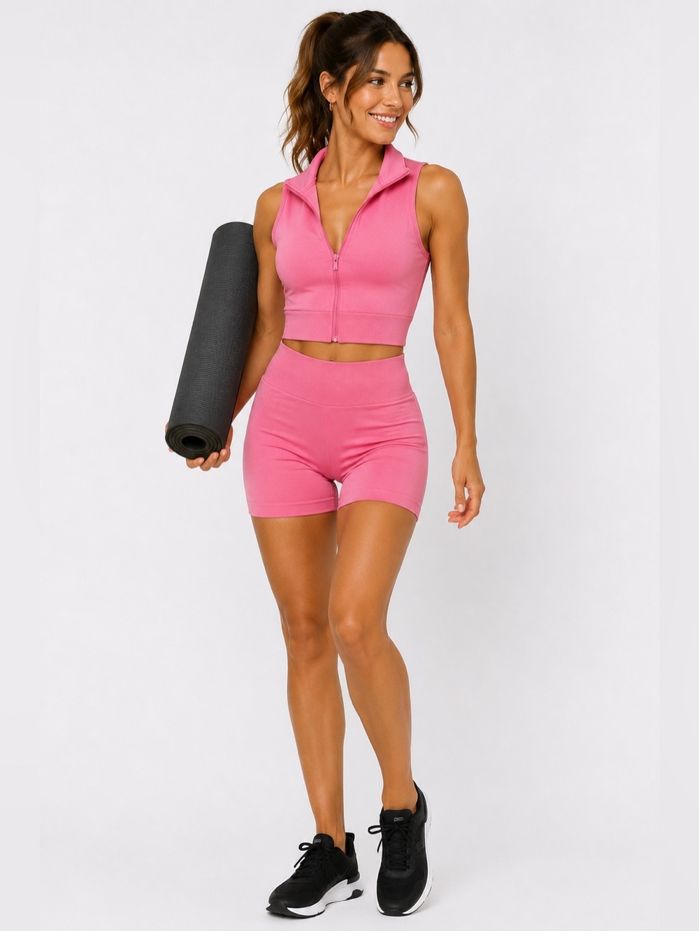 Bo+Tee Flamingo Pink Seamless Zip Crop Top High Waist Shorts Set NWT M